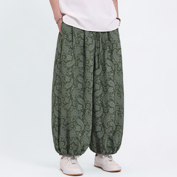 Buddha Stones Pantalones capri de verano estilo boho casual con cordón y estampado paisley para hombre, estilo harem con bolsillo. - image 1