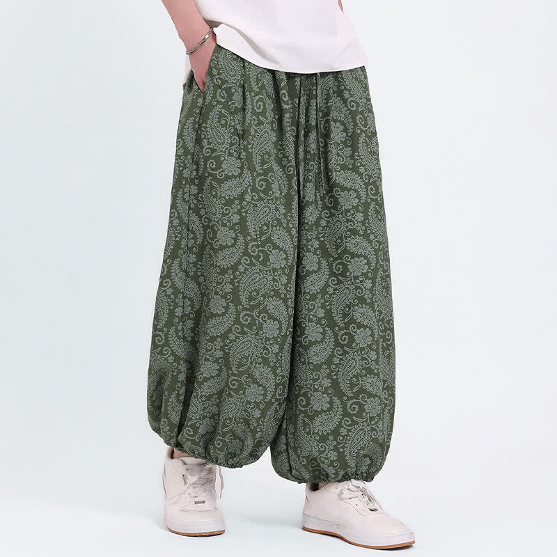 Buddha Stones Pantalones capri de verano estilo boho casual con cordón y estampado paisley para hombre, estilo harem con bolsillo. - Verde oliva - US/UK/AU46, EU56 (5XL) - image 0