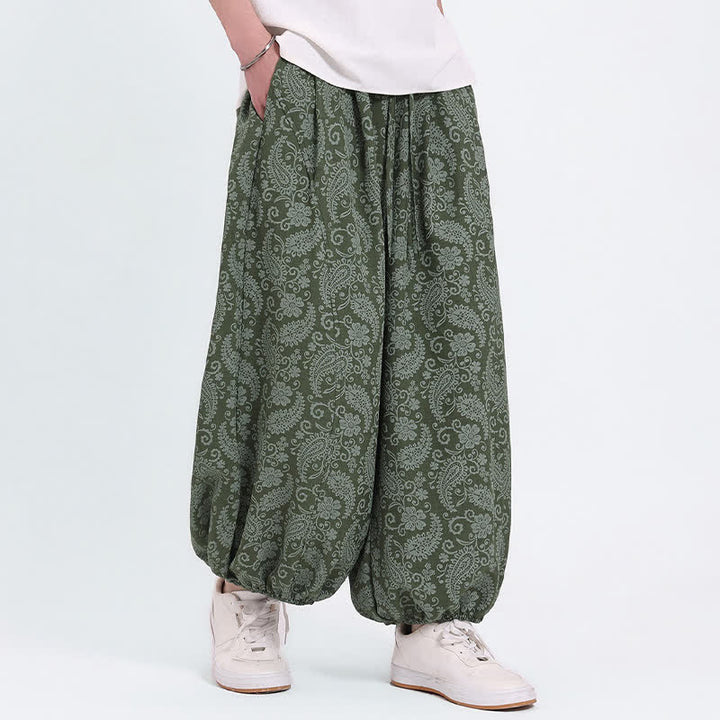 Buddha Stones Pantalones capri de verano estilo boho casual con cordón y estampado paisley para hombre, estilo harem con bolsillo. - Verde oliva - US/UK/AU46, EU56 (5XL) - image 0