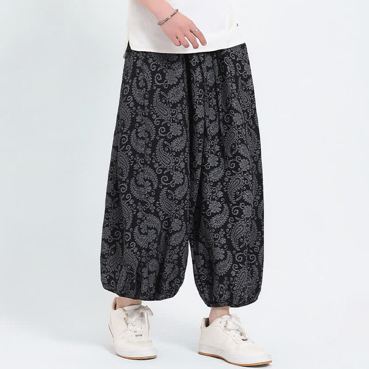Buddha Stones Pantalones capri de verano estilo boho casual con cordón y estampado paisley para hombre, estilo harem con bolsillo. - Negro - US/UK/AU46, EU56 (5XL) - image 6