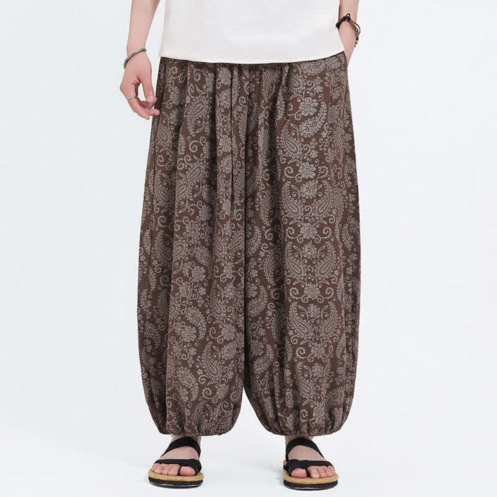 Buddha Stones Pantalones capri de verano estilo boho casual con cordón y estampado paisley para hombre, estilo harem con bolsillo. - Tierra de siena - US/UK/AU46, EU56 (5XL) - image 13