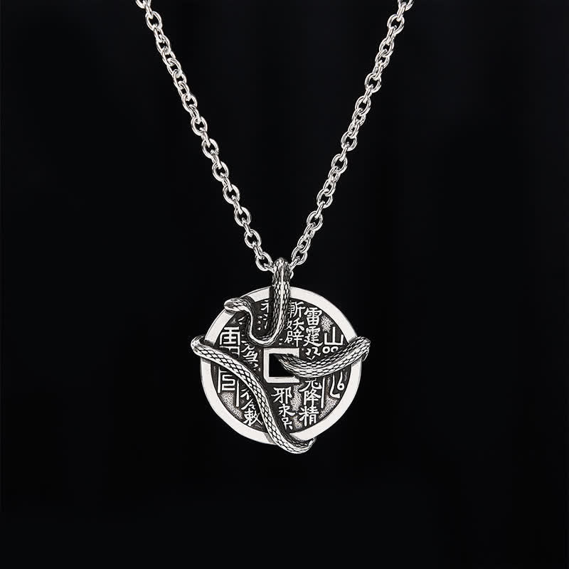 Buddha Stones Collar con moneda de cobre chapada en plata con fantasmas de montaña que gastan dinero y una serpiente enroscada alrededor de una moneda de cobre. - image 2
