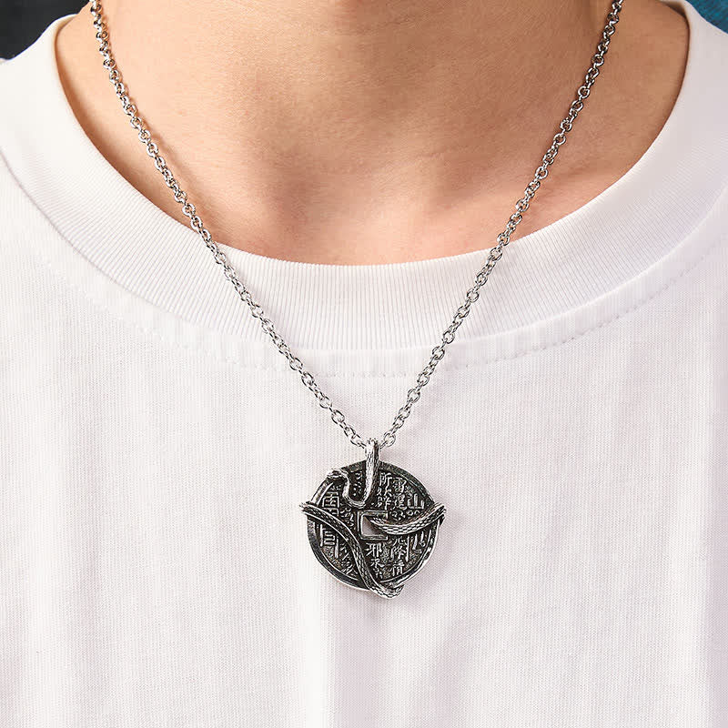 Buddha Stones Collar con moneda de cobre chapada en plata con fantasmas de montaña que gastan dinero y una serpiente enroscada alrededor de una moneda de cobre. - image 5