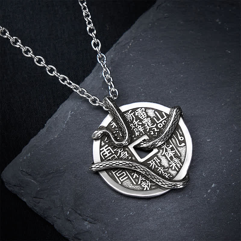 Buddha Stones Collar con moneda de cobre chapada en plata con fantasmas de montaña que gastan dinero y una serpiente enroscada alrededor de una moneda de cobre. - image 3