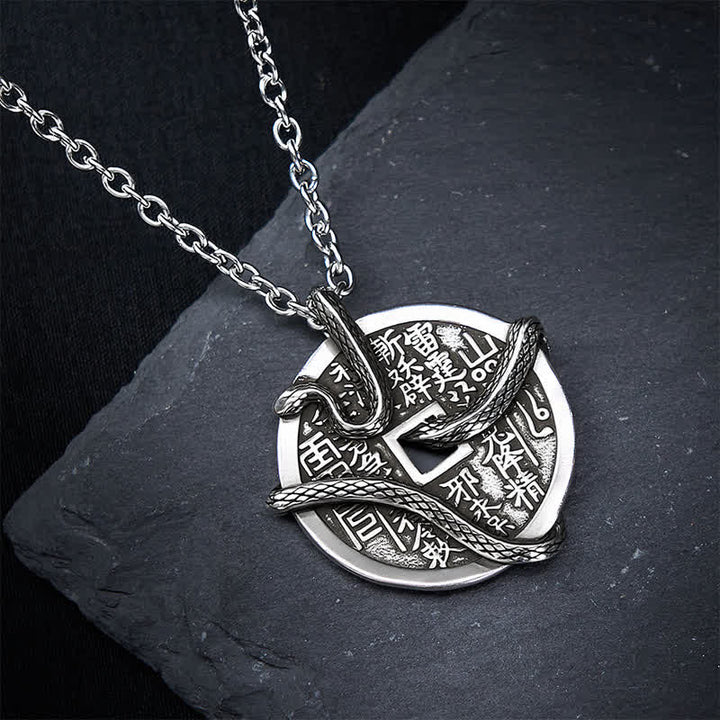 Buddha Stones Collar con moneda de cobre chapada en plata con fantasmas de montaña que gastan dinero y una serpiente enroscada alrededor de una moneda de cobre. - image 3