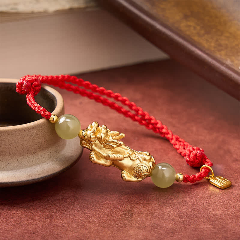 Buddha Stones Pulsera de hilo rojo con el carácter Pi Xiu Fu de cobre para la buena suerte - image 1