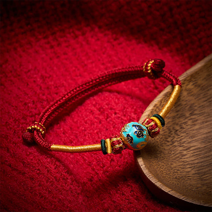 Buddha Stones Pulsera trenzada de hilo rojo con cuentas de dragón de cobre - Cordón rojo oscuro (circunferencia de la muñeca: 15–20 cm) - Cuenta del Dragón Azul - image 10