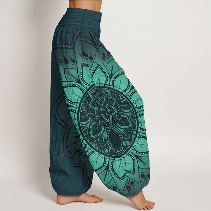 Buddha Stones Pantalones harén de algodón con estampado de mandala simétrico para mujer, cintura elástica - image 7