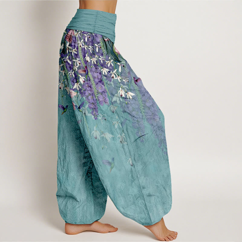 Buddha Stones Pantalones harén de algodón puro con estampado de orquídeas y cintura elástica para mujer - image 2