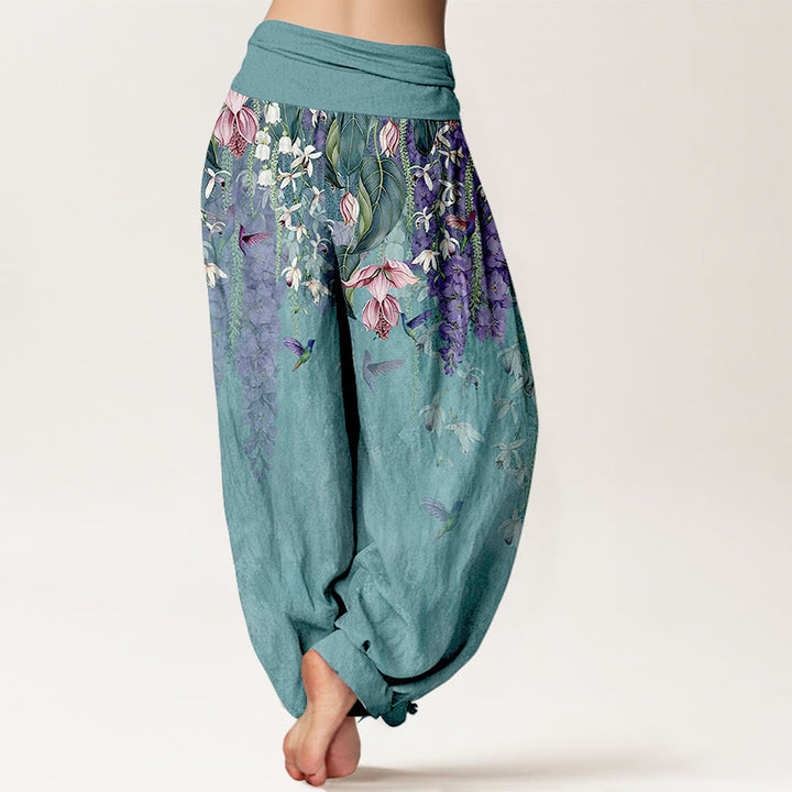 Buddha Stones Pantalones harén de algodón puro con estampado de orquídeas y cintura elástica para mujer - image 1