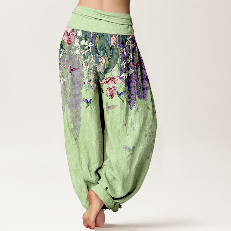 Buddha Stones Pantalones harén de algodón puro con estampado de orquídeas y cintura elástica para mujer - image 9