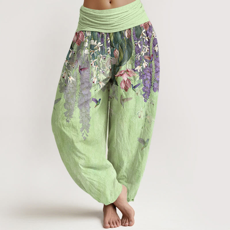 Buddha Stones Pantalones harén de algodón puro con estampado de orquídeas y cintura elástica para mujer - Gotas de miel - US16，UK/AU20，EU48 (3XL) - image 8