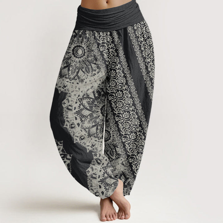 Pantalones Buddha Stones de algodón puro con estampado de mandalas y flores paralelas para mujer, cintura elástica - Gris oscuro - US22，UK/AU26，EU54 (6XL) - image 0
