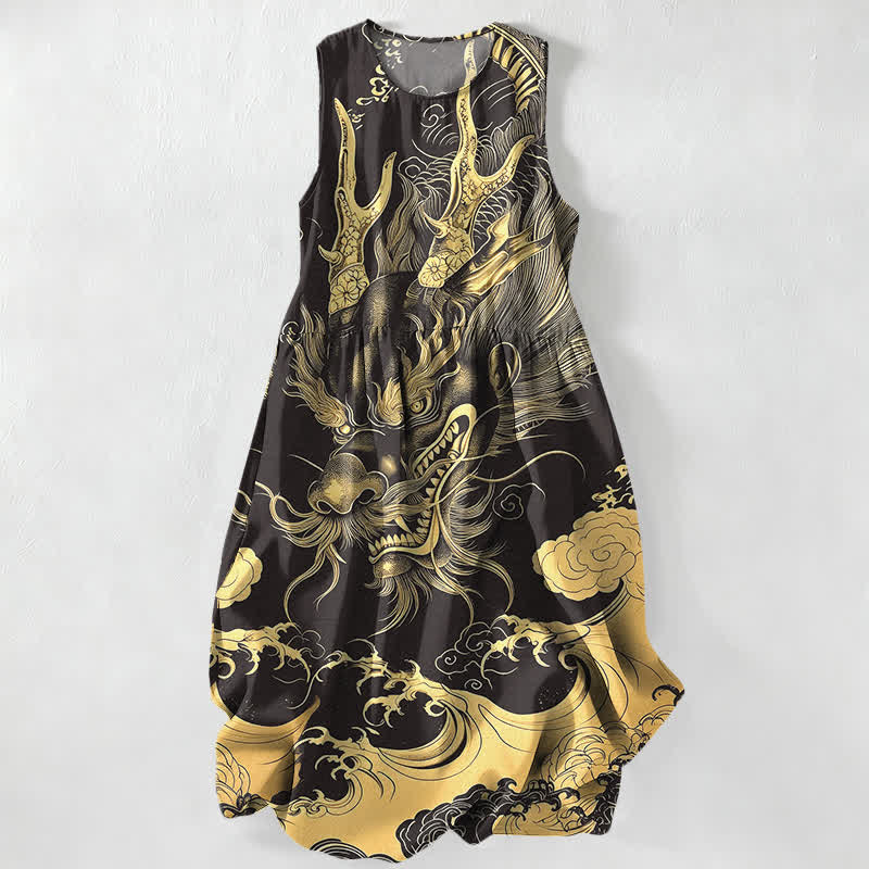 Buddha Stones Vestido midi de verano informal para mujer con estampado oriental de dragón y nubes, sin mangas y con bolsillos. - Negro - US16，UK/AU20，EU48 (3XL) - image 0