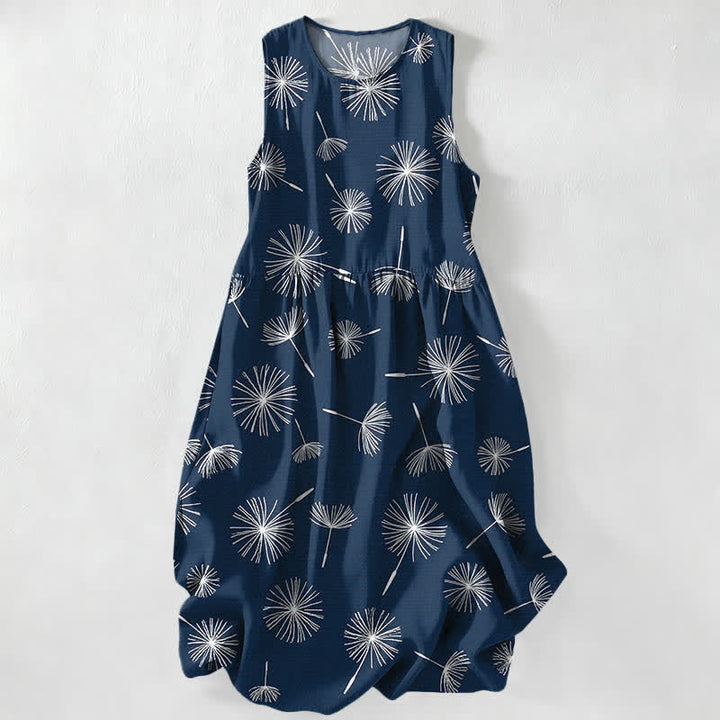 Buddha Stones Vestido midi de verano informal para mujer con estampado de diente de león y mangas sin mangas, con bolsillos. - Marina de guerra - US16，UK/AU20，EU48 (3XL) - image 0