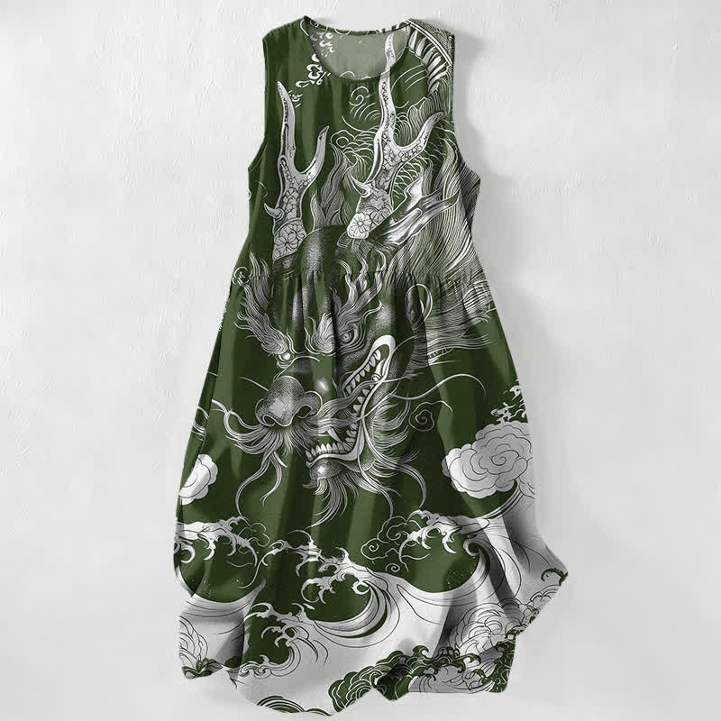 Buddha Stones Vestido midi de verano informal para mujer con estampado oriental de dragón y nubes, sin mangas y con bolsillos. - Verde oliva oscuro - US16，UK/AU20，EU48 (3XL) - image 4