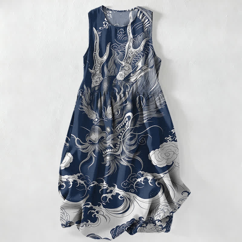 Buddha Stones Vestido midi de verano informal para mujer con estampado oriental de dragón y nubes, sin mangas y con bolsillos. - Marina de guerra - US16，UK/AU20，EU48 (3XL) - image 5