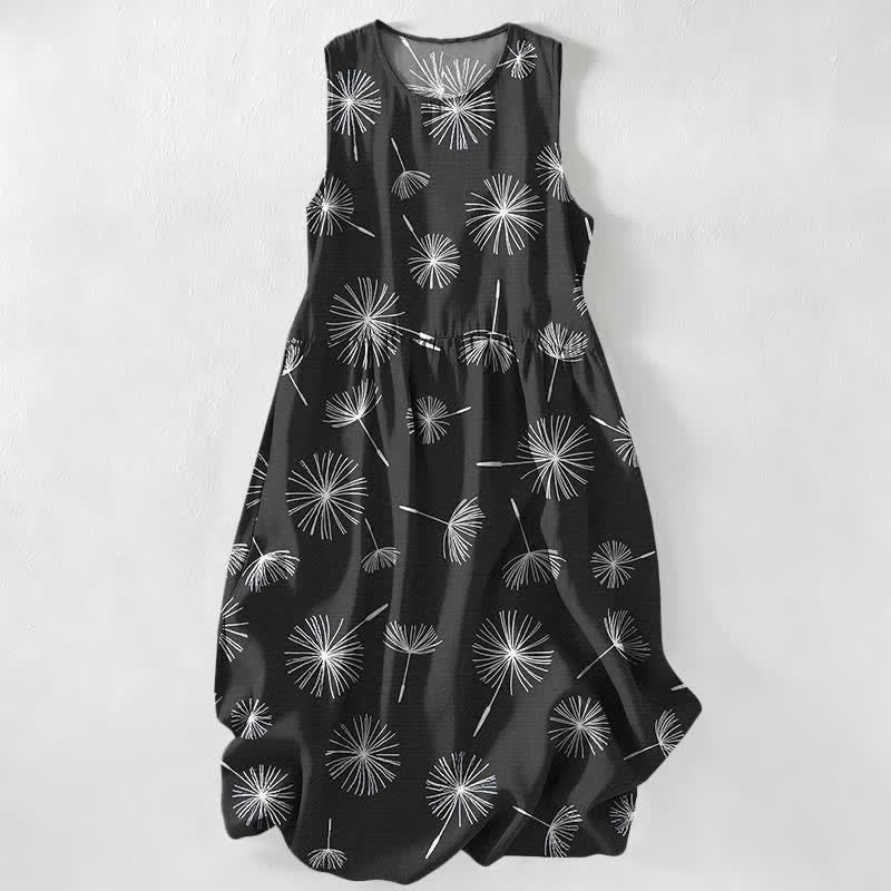 Buddha Stones Vestido midi de verano informal para mujer con estampado de diente de león y mangas sin mangas, con bolsillos. - Negro - US16，UK/AU20，EU48 (3XL) - image 4