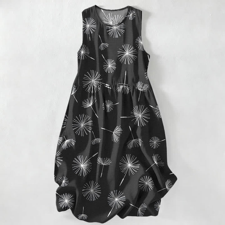 Buddha Stones Vestido midi de verano informal para mujer con estampado de diente de león y mangas sin mangas, con bolsillos. - Negro - US16，UK/AU20，EU48 (3XL) - image 4