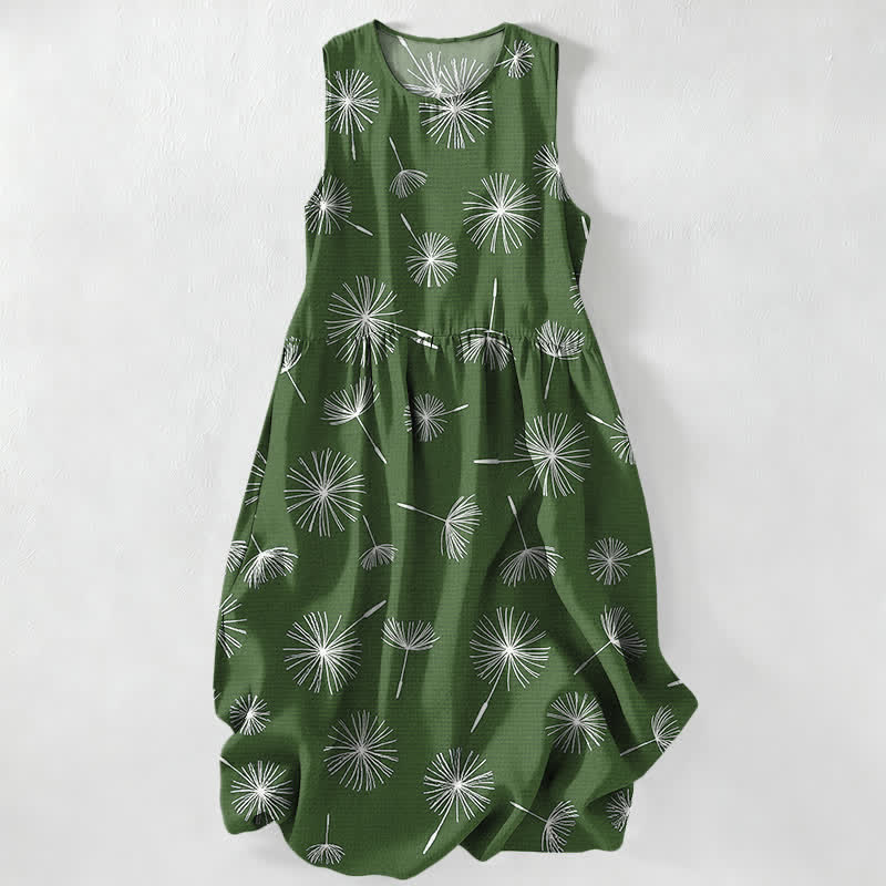 Buddha Stones Vestido midi de verano informal para mujer con estampado de diente de león y mangas sin mangas, con bolsillos. - Verde oliva - US16，UK/AU20，EU48 (3XL) - image 5