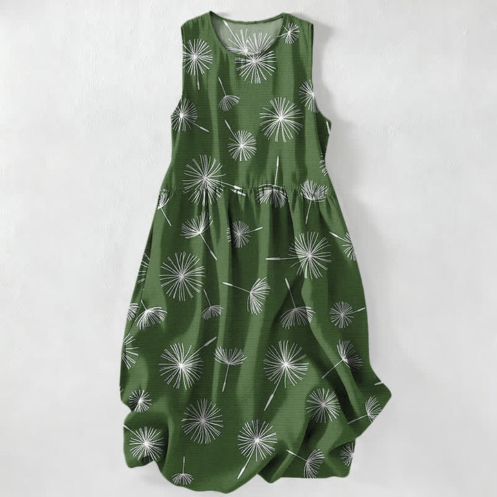 Buddha Stones Vestido midi de verano informal para mujer con estampado de diente de león y mangas sin mangas, con bolsillos. - Verde oliva - US16，UK/AU20，EU48 (3XL) - image 5