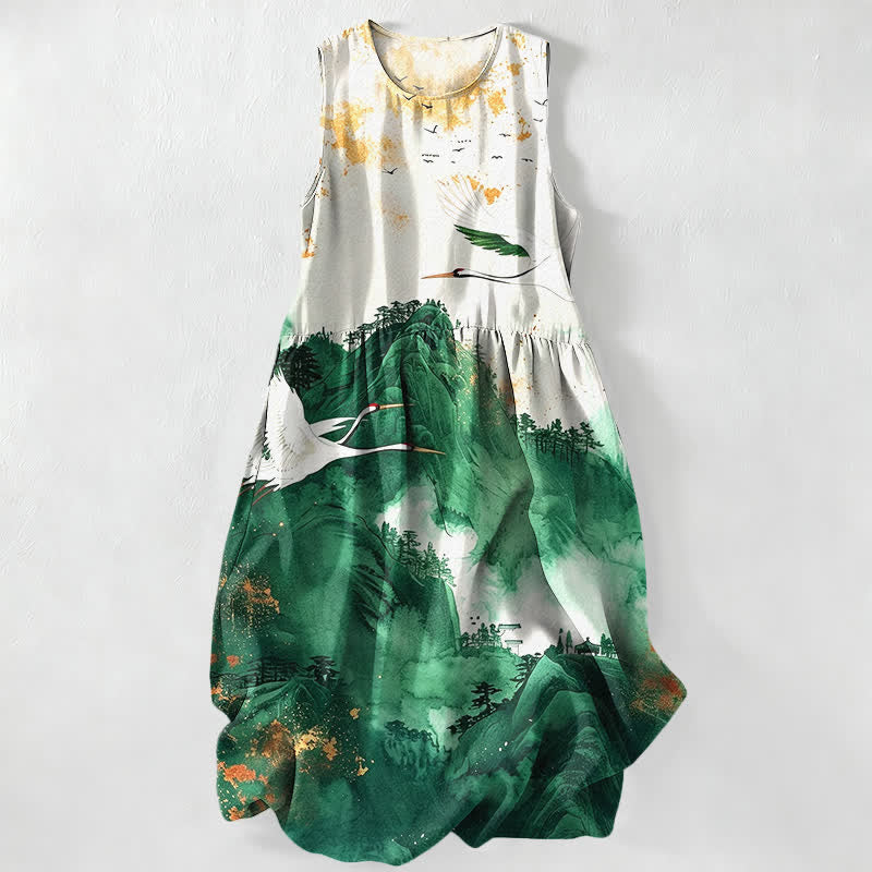 Buddha Stones Vestido midi de verano informal para mujer con estampado de paisaje de grullas y bolsillos. - Verde bosque - US16，UK/AU20，EU48 (3XL) - image 0