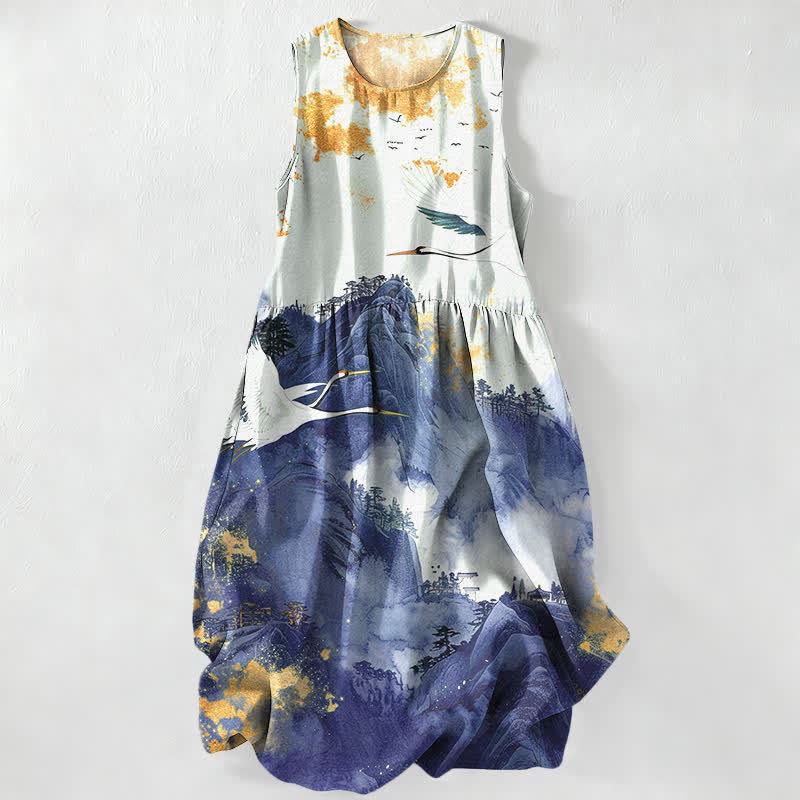Buddha Stones Vestido midi de verano informal para mujer con estampado de paisaje de grullas y bolsillos. - Azul acero - US16，UK/AU20，EU48 (3XL) - image 4