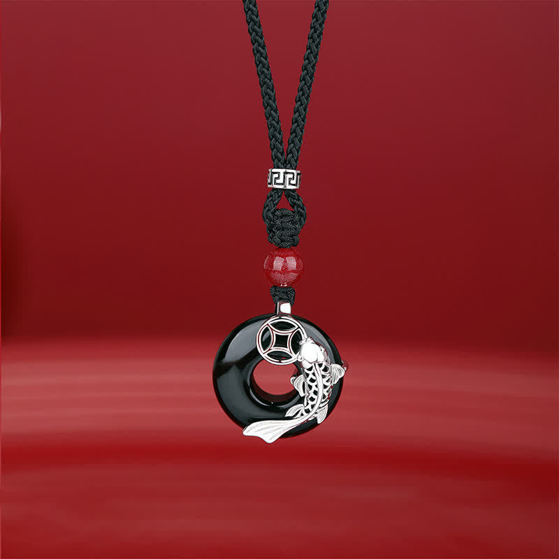 Buddha Stones Collar circular trenzado de estilo chino con diseño de pez koi de jade y éxito. - Ónix negro (Protección ♥ Fortuna) - plata (pureza ♥ intuición) - image 4