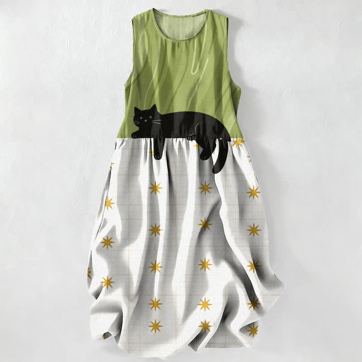 Buddha Stones Vestido midi de verano informal para mujer con estampado de estrellas y gato negro, sin mangas y con bolsillos. - Verde amarillento - US16，UK/AU20，EU48 (3XL) - image 0