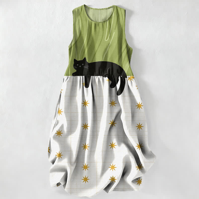 Buddha Stones Vestido midi de verano informal para mujer con estampado de estrellas y gato negro, sin mangas y con bolsillos. - Verde amarillento - US16，UK/AU20，EU48 (3XL) - image 0