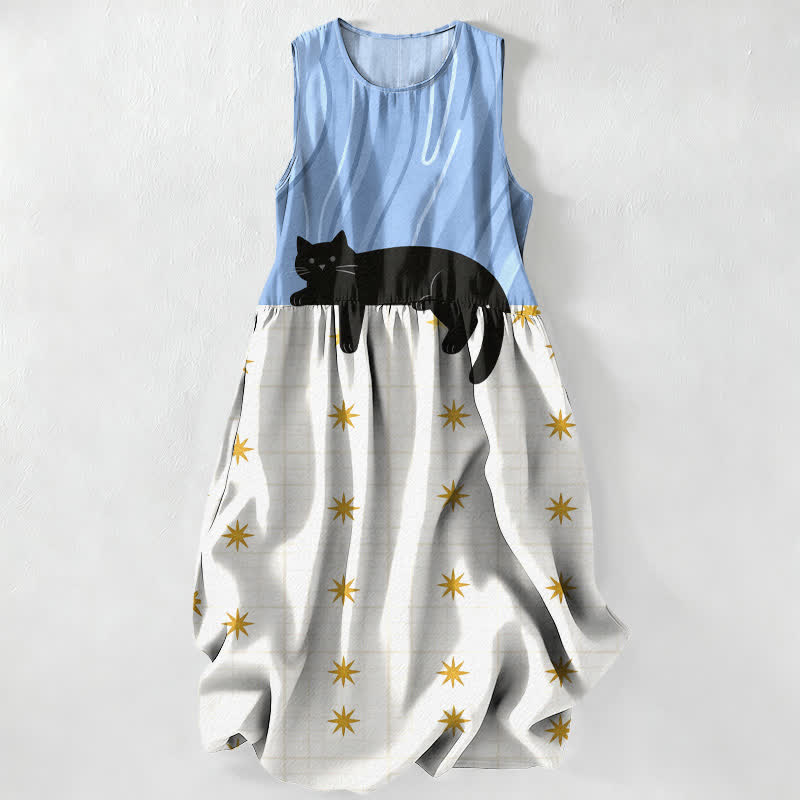 Buddha Stones Vestido midi de verano informal para mujer con estampado de estrellas y gato negro, sin mangas y con bolsillos. - Azul cielo claro - US16，UK/AU20，EU48 (3XL) - image 4