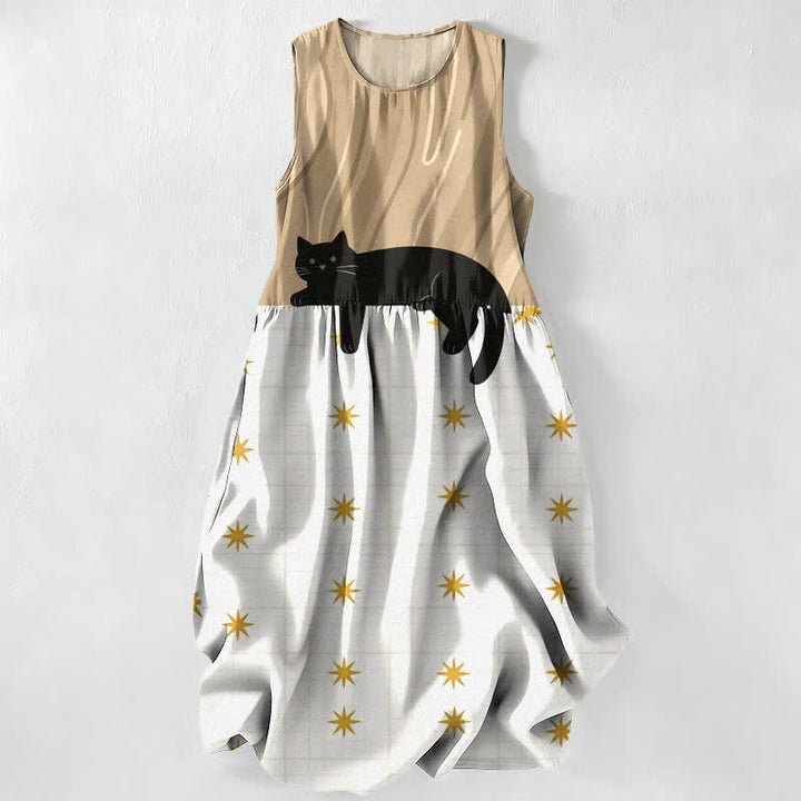 Buddha Stones Vestido midi de verano informal para mujer con estampado de estrellas y gato negro, sin mangas y con bolsillos. - Broncearse - US16，UK/AU20，EU48 (3XL) - image 8