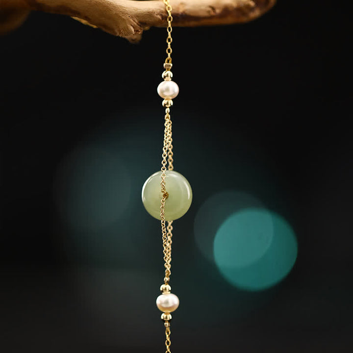 Buddha Stones Hebilla de jade Hetian Peace con cadena de seguridad de perlas y tobillera - image 2