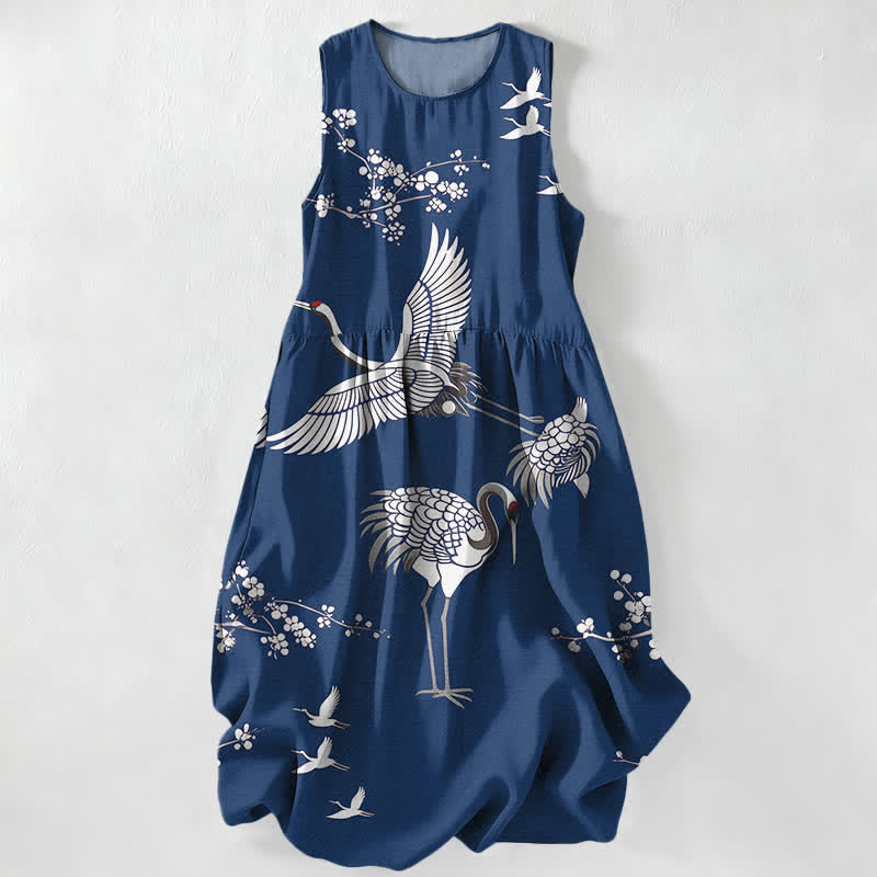 Buddha Stones Vestido midi de verano informal para mujer con estampado de grullas y flores, sin mangas y con bolsillos. - Marina de guerra - US16，UK/AU20，EU48 (3XL) - image 8