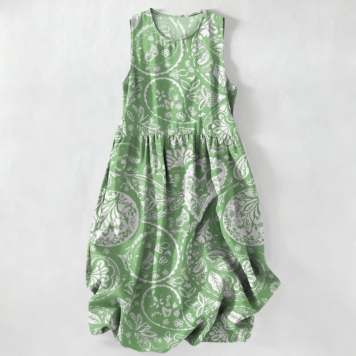 Buddha Stones Vestido midi de verano informal para mujer, color blanco, con estampado floral de medallones y bolsillos. - Verde pálido - US16，UK/AU20，EU48 (3XL) - image 0