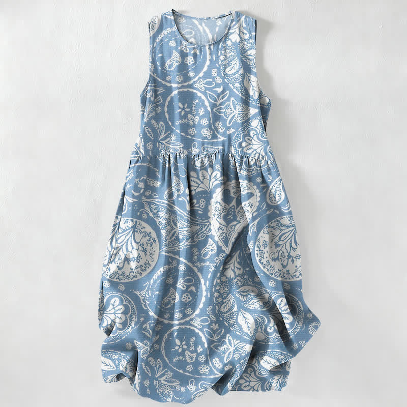 Buddha Stones Vestido midi de verano informal para mujer, color blanco, con estampado floral de medallones y bolsillos. - Azul claro - US16，UK/AU20，EU48 (3XL) - image 4