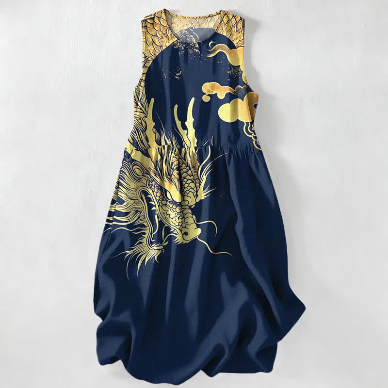 Buddha Stones Vestido midi de verano informal para mujer con estampado de nube y dragón dorado, sin mangas y con bolsillos. - Marina de guerra - US16，UK/AU20，EU48 (3XL) - image 0