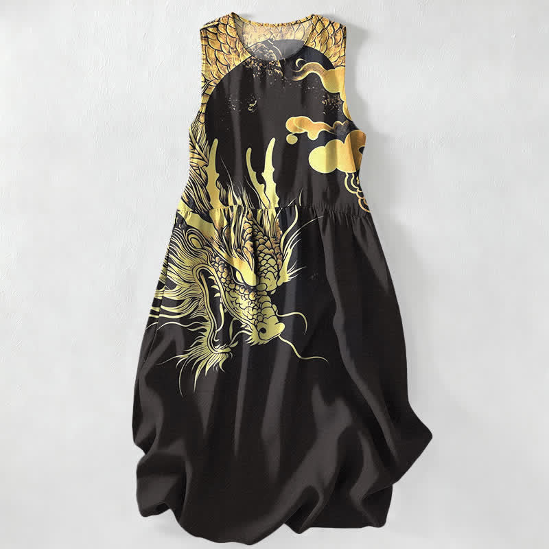 Buddha Stones Vestido midi de verano informal para mujer con estampado de nube y dragón dorado, sin mangas y con bolsillos. - Negro - US16，UK/AU20，EU48 (3XL) - image 4