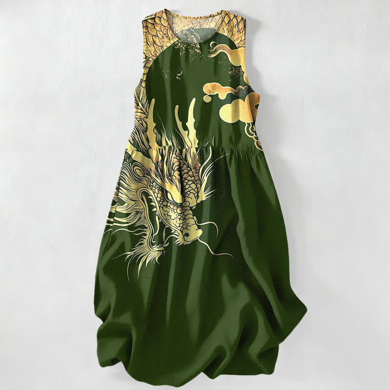 Buddha Stones Vestido midi de verano informal para mujer con estampado de nube y dragón dorado, sin mangas y con bolsillos. - Verde oliva oscuro - US16，UK/AU20，EU48 (3XL) - image 8