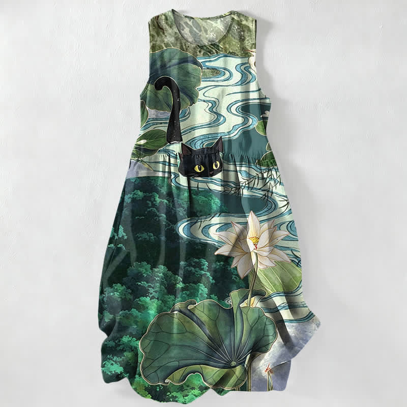 Buddha Stones Vestido midi de verano informal para mujer con estampado de loto y gato negro, sin mangas y con bolsillos. - Verde azulado - US16，UK/AU20，EU48 (3XL) - image 0
