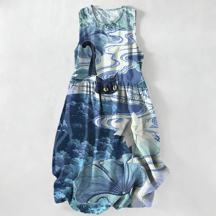 Buddha Stones Vestido midi de verano informal para mujer con estampado de loto y gato negro, sin mangas y con bolsillos. - Azul cielo claro - US16，UK/AU20，EU48 (3XL) - image 8