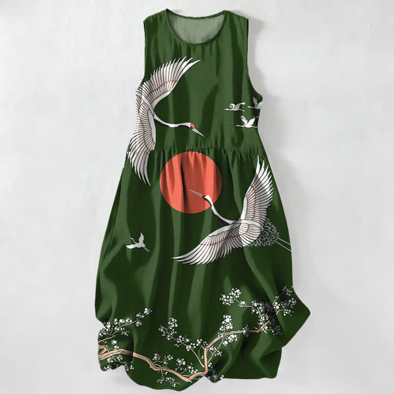Buddha Stones Vestido midi de verano informal para mujer con estampado de grulla y sol rojo, sin mangas y con bolsillos. - Verde bosque - US16，UK/AU20，EU48 (3XL) - image 8