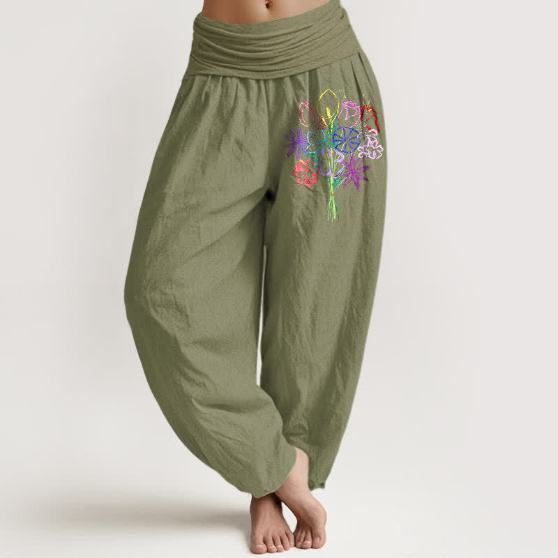 Buddha Stones Pantalones harem de mujer con cintura elástica y estampado floral de algodón puro. - Verde oliva - US16，UK/AU20，EU48 (3XL) - image 11
