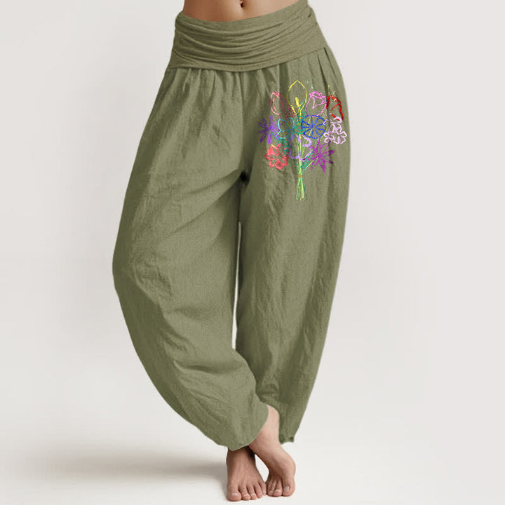 Buddha Stones Pantalones harem de mujer con cintura elástica y estampado floral de algodón puro. - Verde oliva - US16，UK/AU20，EU48 (3XL) - image 11