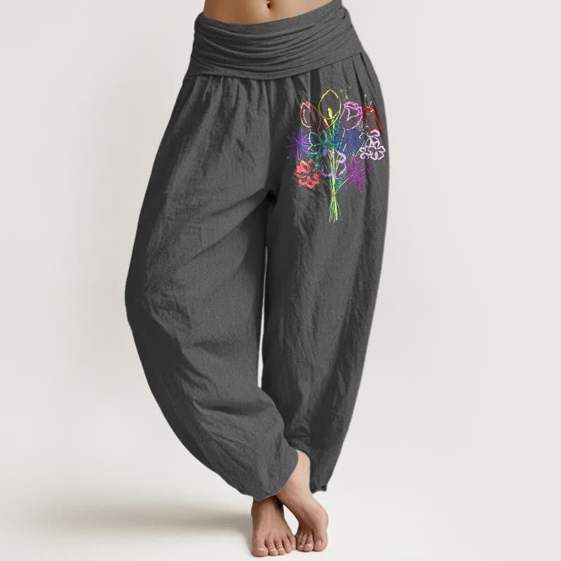Buddha Stones Pantalones harem de mujer con cintura elástica y estampado floral de algodón puro. - Gris oscuro - US16，UK/AU20，EU48 (3XL) - image 8