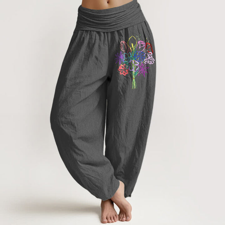 Buddha Stones Pantalones harem de mujer con cintura elástica y estampado floral de algodón puro. - Gris oscuro - US16，UK/AU20，EU48 (3XL) - image 8