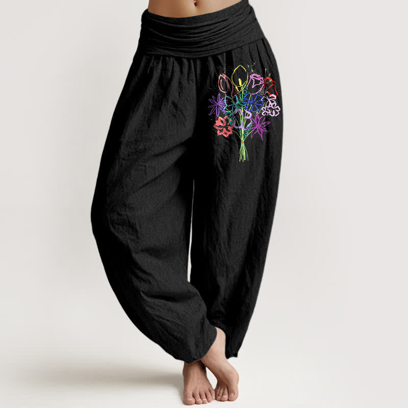 Buddha Stones Pantalones harem de mujer con cintura elástica y estampado floral de algodón puro. - Negro - US16，UK/AU20，EU48 (3XL) - image 0