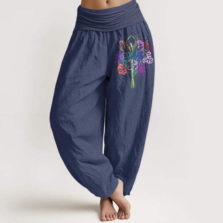 Buddha Stones Pantalones harem de mujer con cintura elástica y estampado floral de algodón puro. - Azul pizarra oscuro - US16，UK/AU20，EU48 (3XL) - image 5