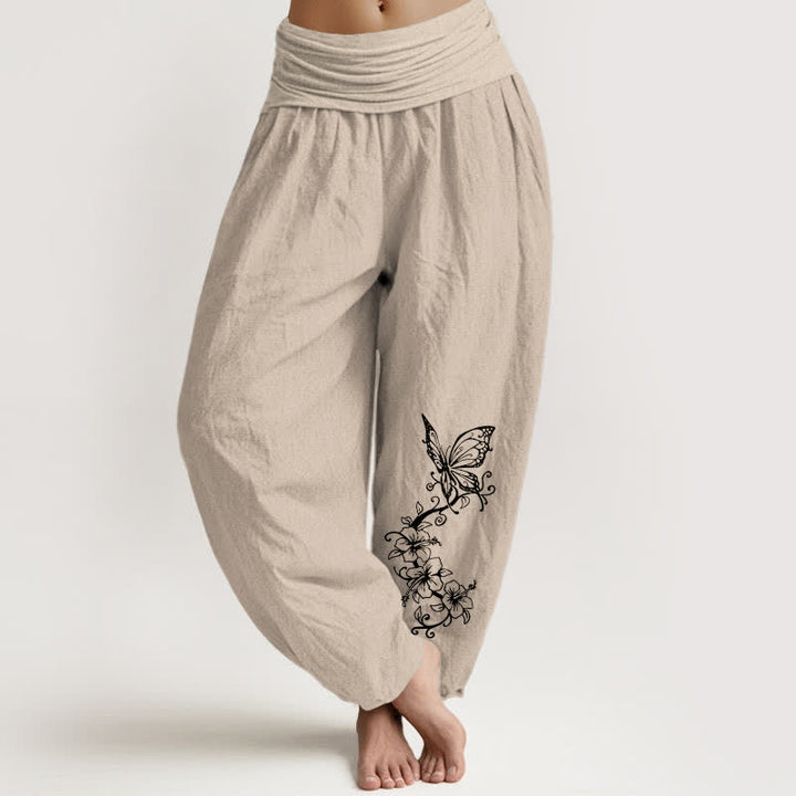 Buddha Stones Pantalones harem de algodón puro con estampado floral de mariposas para mujer con cintura elástica. - Broncearse - US16，UK/AU20，EU48 (3XL) - image 14