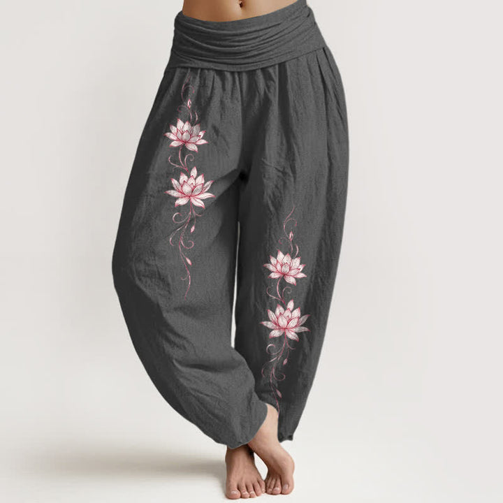 Buddha Stones Pantalones harem de mujer con cintura elástica y estampado de flor de loto, de algodón puro. - Gris oscuro - US16，UK/AU20，EU48 (3XL) - image 8